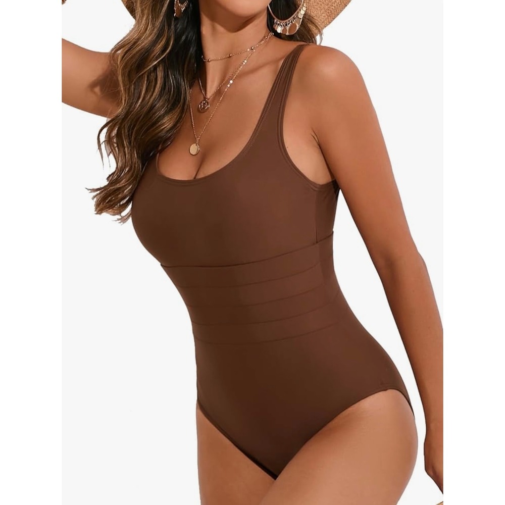 NEW Brown One Piece Swimsuit Scoop Neck Tummy Control Bathing Suit XL